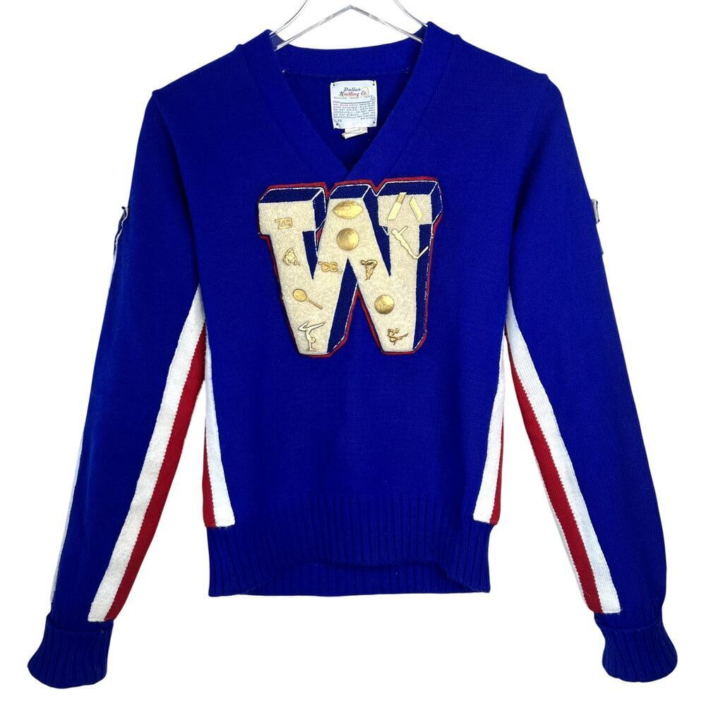 Vintage Varsity Letterman Sweater 70s Dallas Knitting Co Women's Pom Pom V-Neck